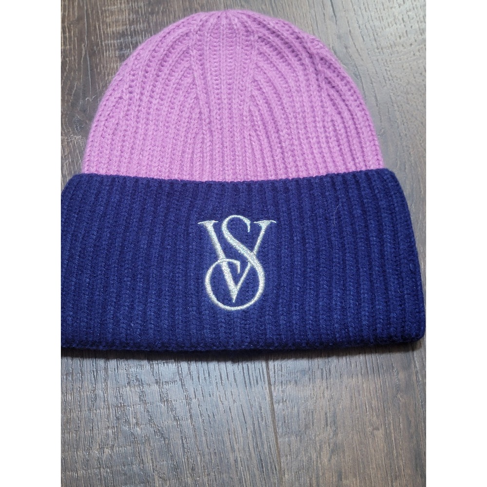 Victoria's Secret Beanie Purple Navy Blue Ribbed Knit VS Logo Hat 11211854
